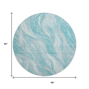 HomeRoots 8' Teal and Ivory Abstract Round Rug – Durable, Stain-Resistant, UV Protected for Stylish Living Spaces 657596