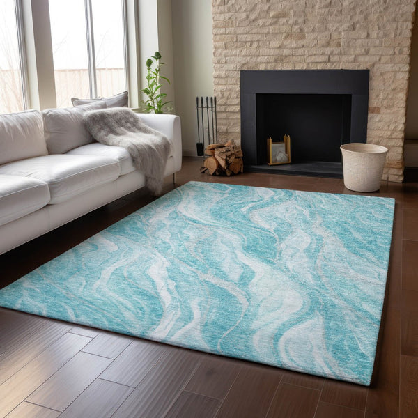 HomeRoots 8' X 10' Stylish Teal & Ivory Abstract Area Rug - Washable, Stain-Resistant, UV-Protected & Durable 657597