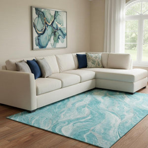 HomeRoots 8' X 10' Stylish Teal & Ivory Abstract Area Rug - Washable, Stain-Resistant, UV-Protected & Durable 657597