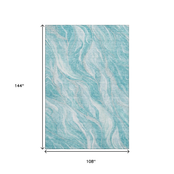 HomeRoots 9' X 12' Teal And Ivory Abstract Washable Area Rug - Durable, Stylish, and UV-Resistant for Homes! 657598