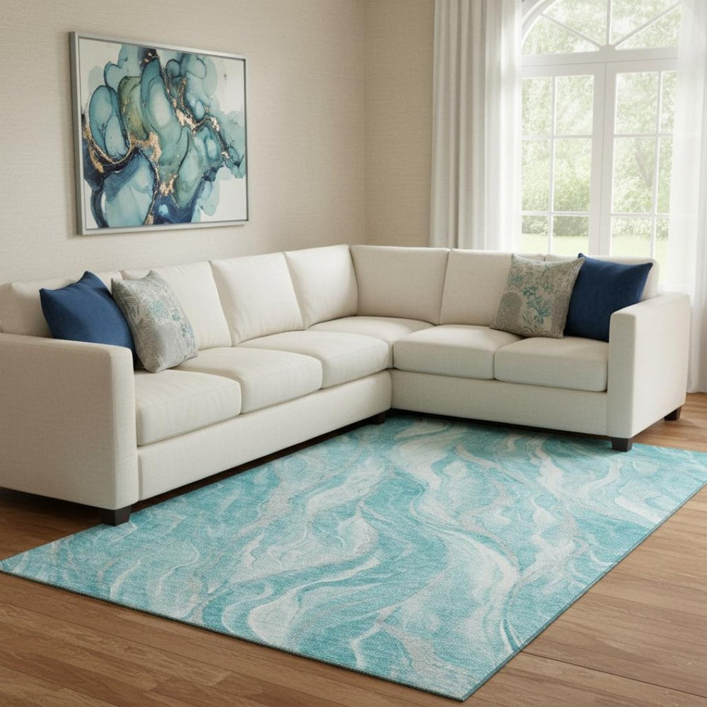 HomeRoots 9' X 12' Teal And Ivory Abstract Washable Area Rug - Durable, Stylish, and UV-Resistant for Homes! 657598