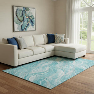 HomeRoots 10' X 14' Teal and Ivory Abstract Washable Area Rug - Stylish, Durable, UV-Protected for Homes 657599