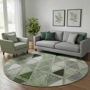 HomeRoots 8' Contemporary Artichoke Green, Gray, Ivory Geometric Washable Round Rug with UV Protection 657608
