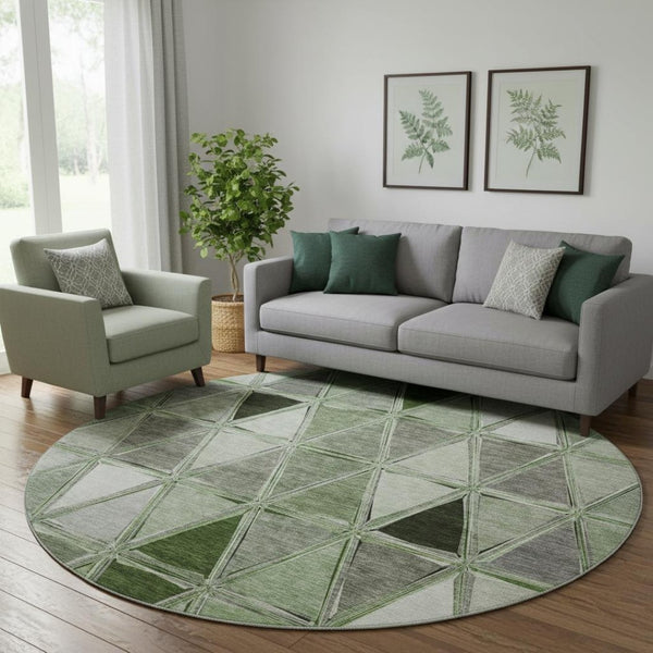 HomeRoots 8' Contemporary Artichoke Green, Gray, Ivory Geometric Washable Round Rug with UV Protection 657608