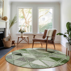 HomeRoots 8' Contemporary Artichoke Green, Gray, Ivory Geometric Washable Round Rug with UV Protection 657608