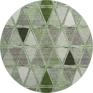 HomeRoots 8' Contemporary Artichoke Green, Gray, Ivory Geometric Washable Round Rug with UV Protection 657608