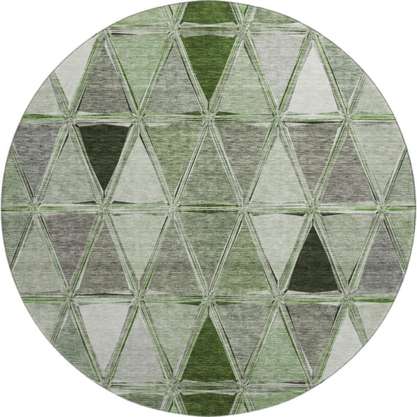 HomeRoots 8' Contemporary Artichoke Green, Gray, Ivory Geometric Washable Round Rug with UV Protection 657608