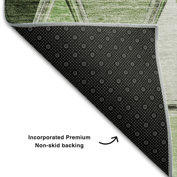 HomeRoots 8' Contemporary Artichoke Green, Gray, Ivory Geometric Washable Round Rug with UV Protection 657608