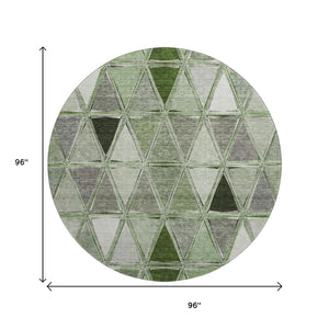 HomeRoots 8' Contemporary Artichoke Green, Gray, Ivory Geometric Washable Round Rug with UV Protection 657608