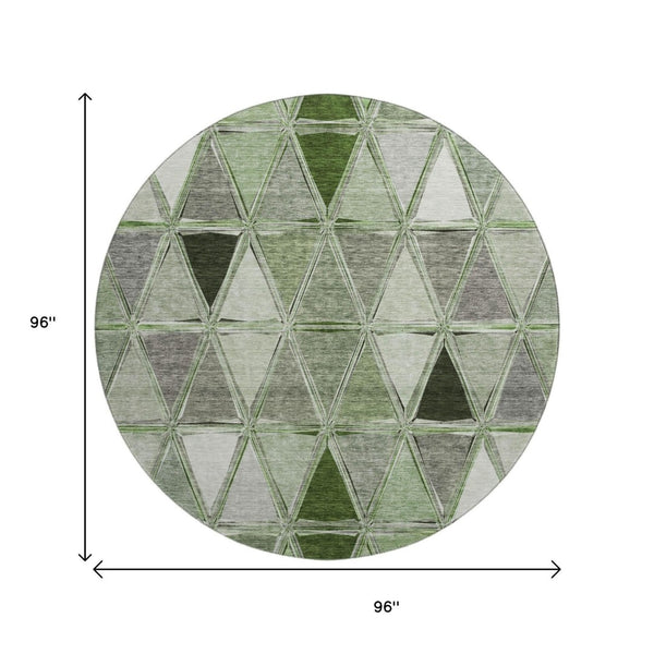 HomeRoots 8' Contemporary Artichoke Green, Gray, Ivory Geometric Washable Round Rug with UV Protection 657608