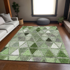 HomeRoots 8' X 10' Contemporary Artichoke Green & Gray Geometric Washable Area Rug with UV Protection 657609