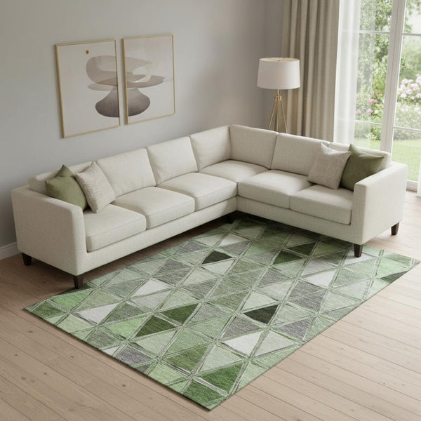 HomeRoots 9' X 12' Stylish Artichoke Green Gray Ivory Geometric Area Rug - Durable, Stain-Resistant & UV-Protected 657610