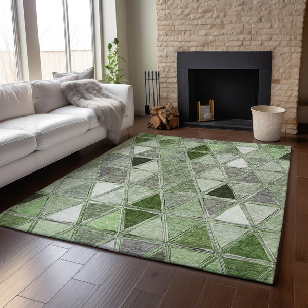 HomeRoots 10' X 14' Artichoke Green Geometric Area Rug - Stylish, Washable, UV-Protected, and Stain-Resistant! 657611