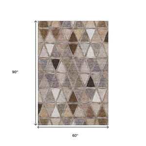 HomeRoots 5' X 8' Stylish Brown Gray Ivory Geometric Washable Area Rug with UV Protection for High Traffic Spaces 657613