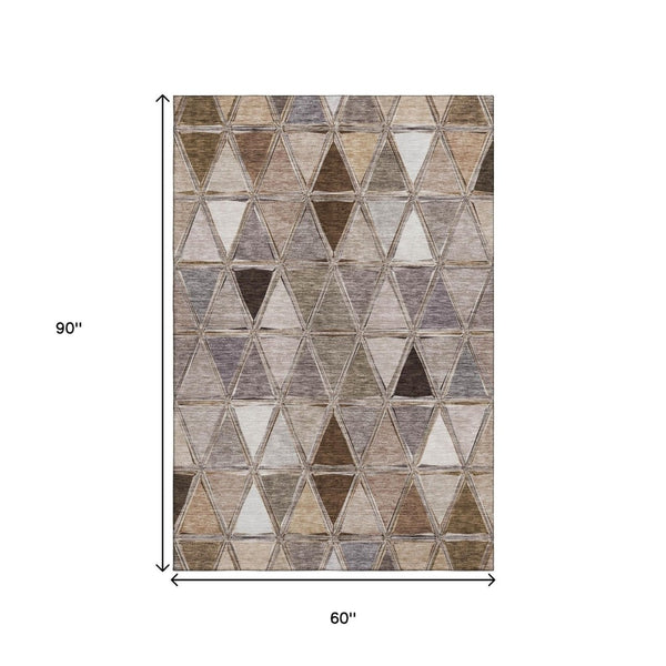 HomeRoots 5' X 8' Stylish Brown Gray Ivory Geometric Washable Area Rug with UV Protection for High Traffic Spaces 657613