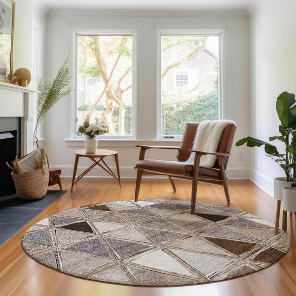 HomeRoots 8' Brown Gray and Ivory Geometric Washable Round Rug with UV Protection for Stylish Living Spaces 657614