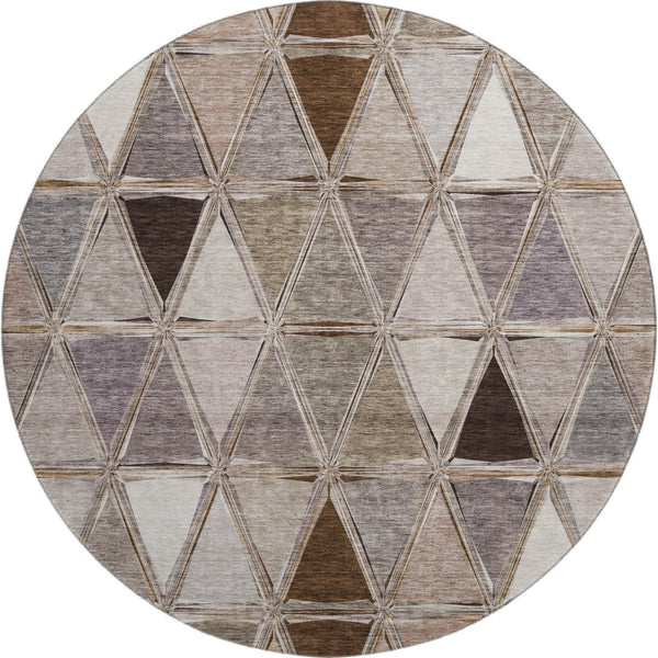 HomeRoots 8' Brown Gray and Ivory Geometric Washable Round Rug with UV Protection for Stylish Living Spaces 657614