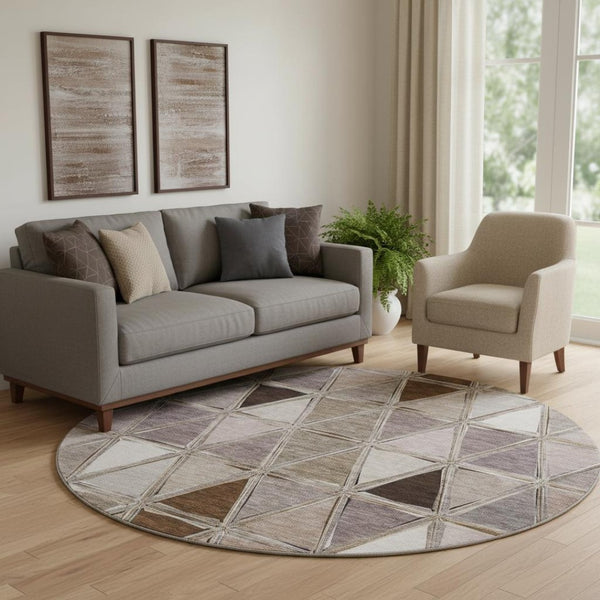 HomeRoots 8' Brown Gray and Ivory Geometric Washable Round Rug with UV Protection for Stylish Living Spaces 657614