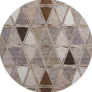HomeRoots 8' Brown Gray and Ivory Geometric Washable Round Rug with UV Protection for Stylish Living Spaces 657614