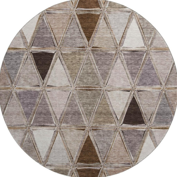 HomeRoots 8' Brown Gray and Ivory Geometric Washable Round Rug with UV Protection for Stylish Living Spaces 657614