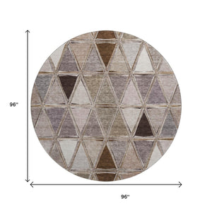 HomeRoots 8' Brown Gray and Ivory Geometric Washable Round Rug with UV Protection for Stylish Living Spaces 657614