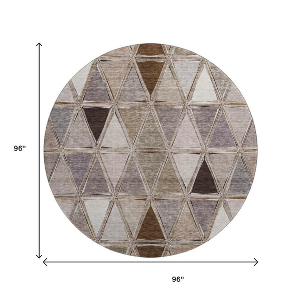 HomeRoots 8' Brown Gray and Ivory Geometric Washable Round Rug with UV Protection for Stylish Living Spaces 657614