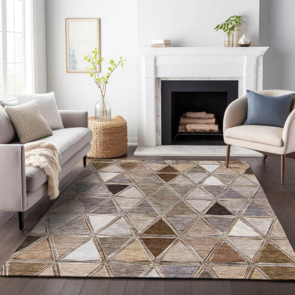 HomeRoots 8' X 10' Stylish Brown Gray Ivory Geometric Washable Area Rug - UV Protected for High-Traffic Spaces 657615
