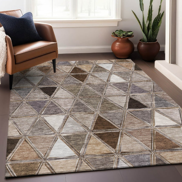 HomeRoots 8' X 10' Stylish Brown Gray Ivory Geometric Washable Area Rug - UV Protected for High-Traffic Spaces 657615