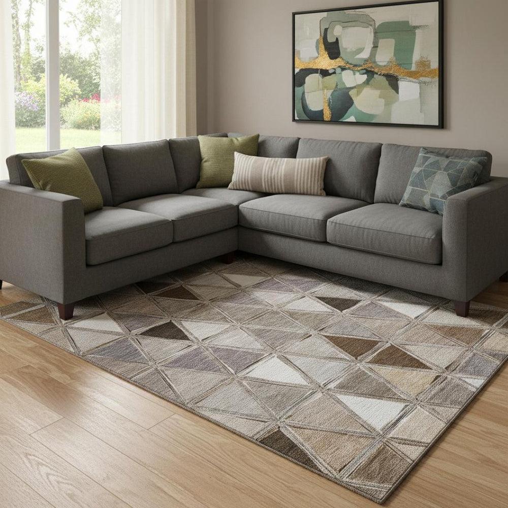 HomeRoots 9' X 12' Geometric Area Rug in Brown, Gray & Ivory - Durable, Washable, UV-Protected Style for Homes 657616
