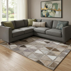 HomeRoots 9' X 12' Geometric Area Rug in Brown, Gray & Ivory - Durable, Washable, UV-Protected Style for Homes 657616