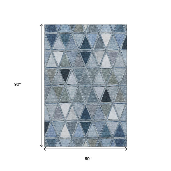 HomeRoots 5' X 8' Blue Gray and Ivory Geometric Area Rug – Washable, UV Protected, Stylish & Durable for Homes 657619