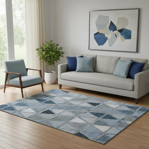 HomeRoots 5' X 8' Blue Gray and Ivory Geometric Area Rug – Washable, UV Protected, Stylish & Durable for Homes 657619