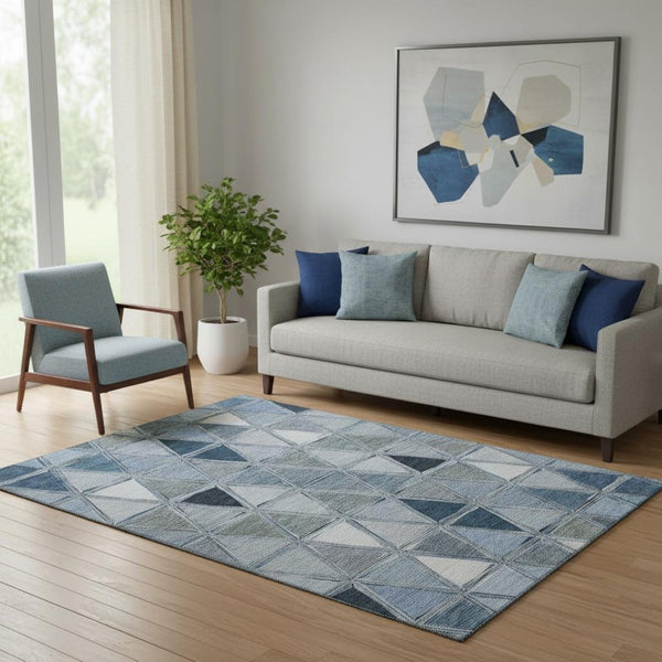HomeRoots 5' X 8' Blue Gray and Ivory Geometric Area Rug – Washable, UV Protected, Stylish & Durable for Homes 657619