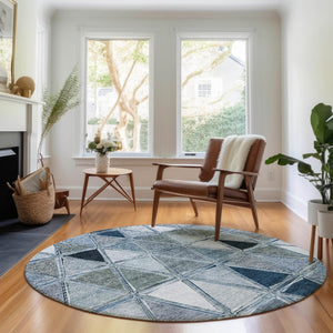 HomeRoots 8' Blue Gray & Ivory Geometric Washable Round Rug - Durable, UV-Protected, Perfect for Any Space! 657620
