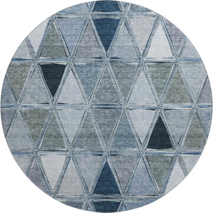 HomeRoots 8' Blue Gray & Ivory Geometric Washable Round Rug - Durable, UV-Protected, Perfect for Any Space! 657620