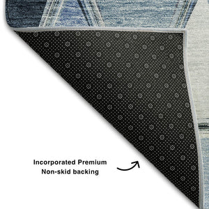 HomeRoots 8' Blue Gray & Ivory Geometric Washable Round Rug - Durable, UV-Protected, Perfect for Any Space! 657620
