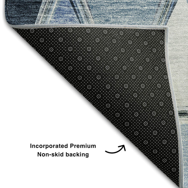 HomeRoots 8' Blue Gray & Ivory Geometric Washable Round Rug - Durable, UV-Protected, Perfect for Any Space! 657620