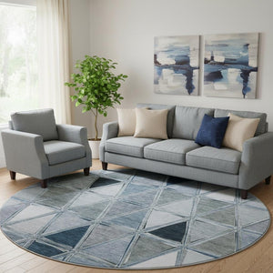 HomeRoots 8' Blue Gray & Ivory Geometric Washable Round Rug - Durable, UV-Protected, Perfect for Any Space! 657620