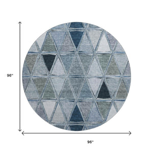 HomeRoots 8' Blue Gray & Ivory Geometric Washable Round Rug - Durable, UV-Protected, Perfect for Any Space! 657620