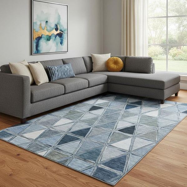 HomeRoots 8' X 10' Washable Blue Gray & Ivory Geometric Area Rug with UV Protection for Family Spaces 657621