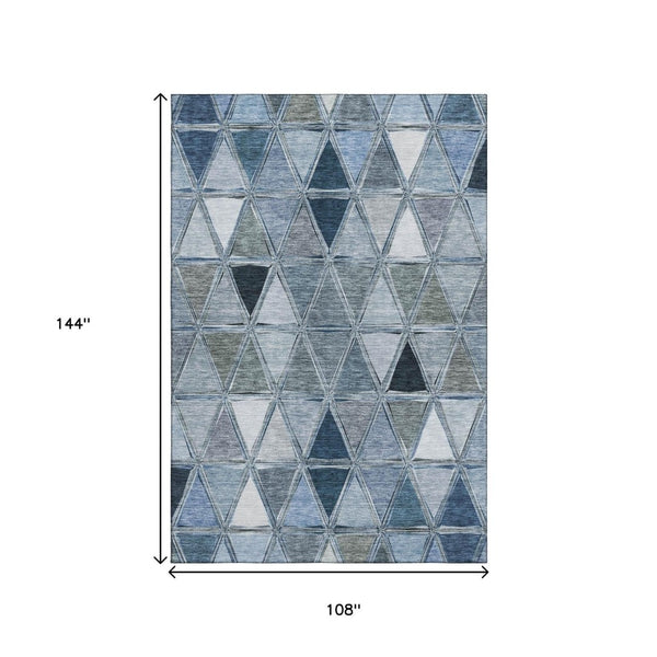 HomeRoots 9' X 12' Geometric Blue-Gray & Ivory Washable Area Rug with UV Protection for High-Traffic Spaces 657622