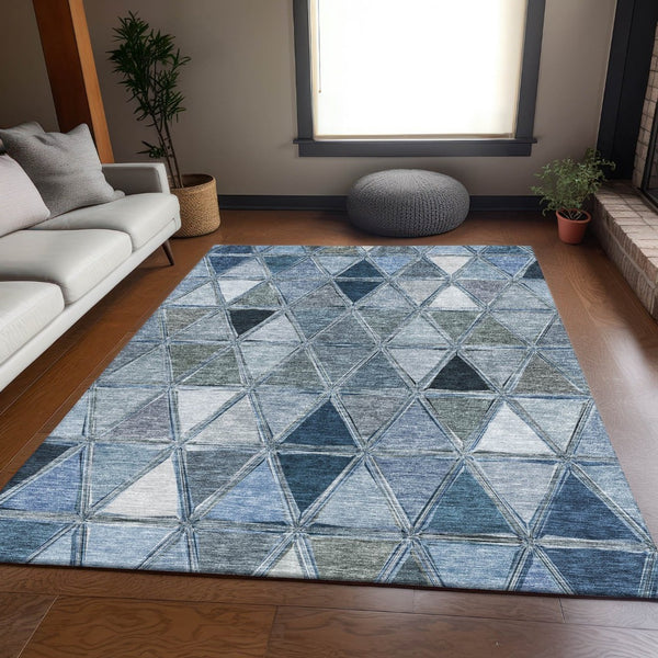HomeRoots 9' X 12' Geometric Blue-Gray & Ivory Washable Area Rug with UV Protection for High-Traffic Spaces 657622
