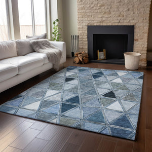 HomeRoots 9' X 12' Geometric Blue-Gray & Ivory Washable Area Rug with UV Protection for High-Traffic Spaces 657622
