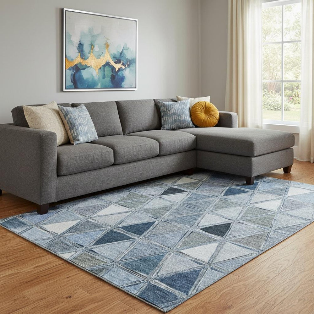 HomeRoots 9' X 12' Geometric Blue-Gray & Ivory Washable Area Rug with UV Protection for High-Traffic Spaces 657622