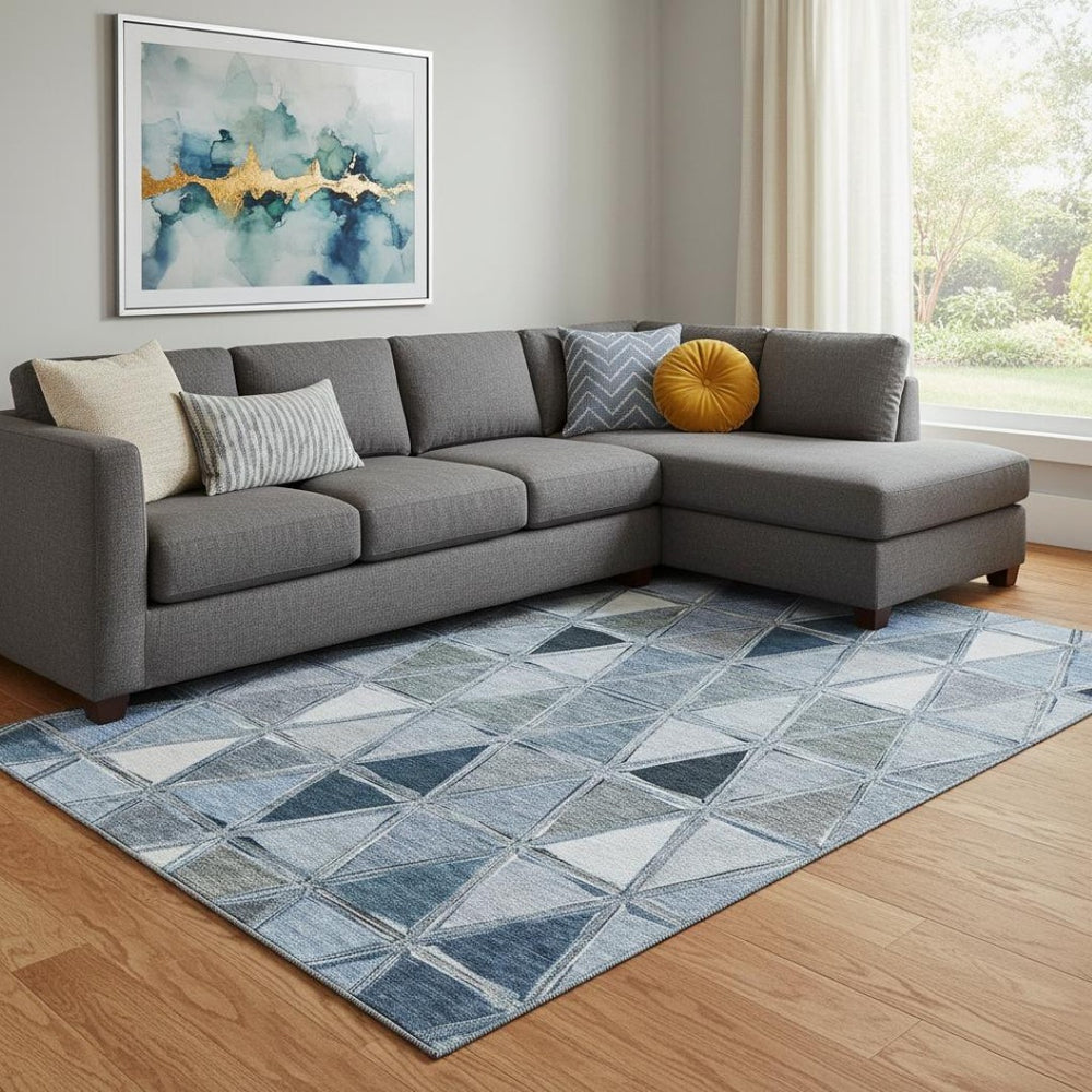 HomeRoots 10' X 14' Stylish Blue-Gray & Ivory Geometric Washable Area Rug with UV Protection for Homes 657623