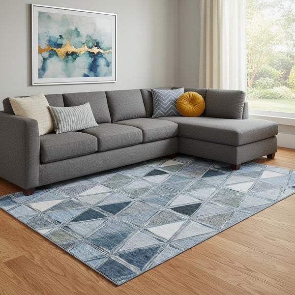 HomeRoots 10' X 14' Stylish Blue-Gray & Ivory Geometric Washable Area Rug with UV Protection for Homes 657623