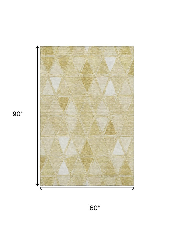 HomeRoots 5' X 8' Gold and Ivory Geometric Area Rug - Stylish, Washable, UV-Protected for High-Traffic Spaces 657625