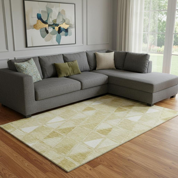 HomeRoots 8' X 10' Gold and Ivory Geometric Area Rug – Washable, UV-Protected, Stain-Resistant for Modern Homes 657627