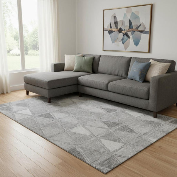HomeRoots 8' Gray and Silver Geometric Washable Area Rug - Durable, UV-Protected, Stylish for High-Traffic Spaces 657633