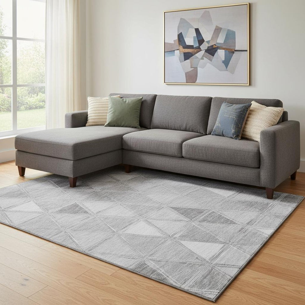 HomeRoots 9' X 12' Gray and Silver Geometric Area Rug - Washable, UV Protected, Modern Design for Busy Homes 657634
